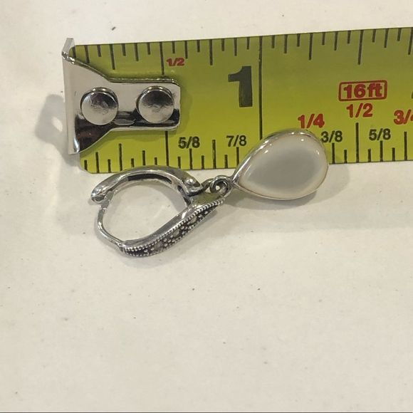 Vintage Sterling Silver Marcasite Mother of Pearl Drop Earrings - Picture 12 of 15